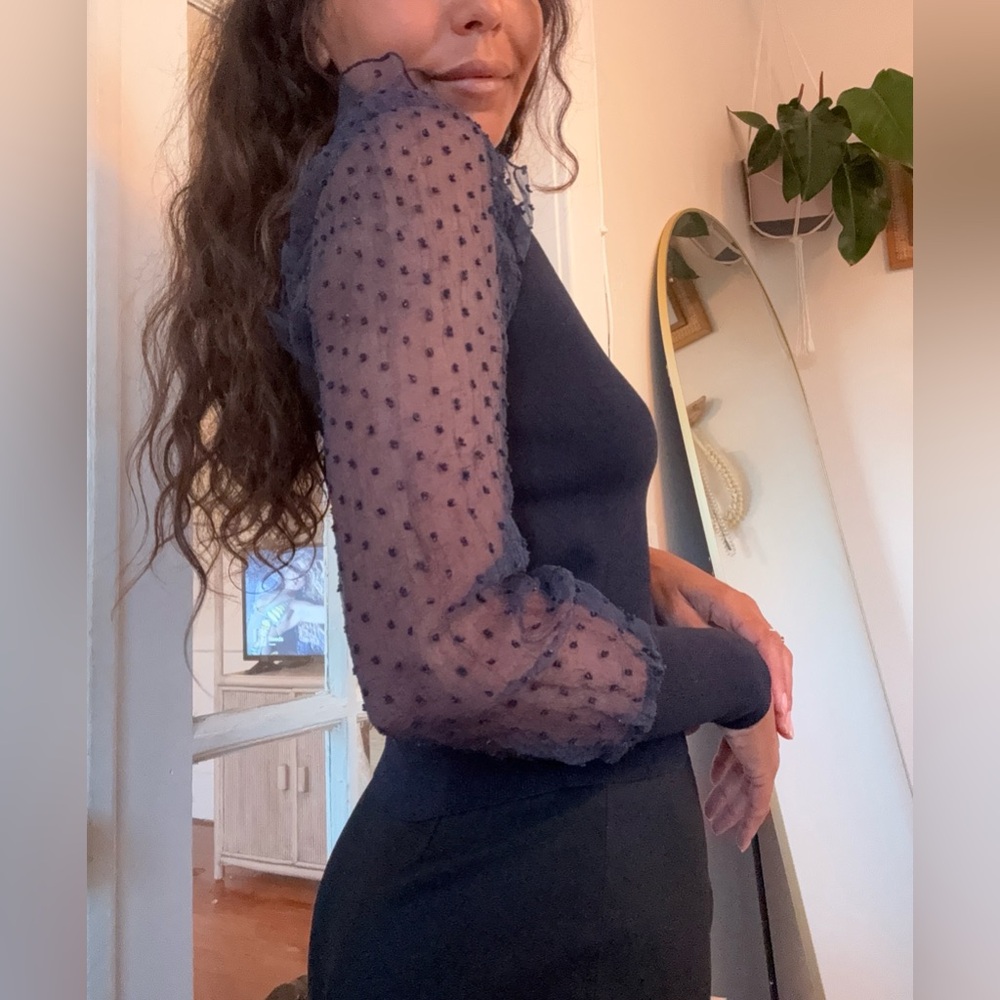 Zara Navy Sheer Sleeve Blouse